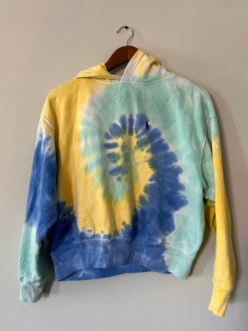 POLO RALPH‎ LAUREN Yellow Blue Tie Dye Cropped Sweatshirt Hoodie - M/L See Pics